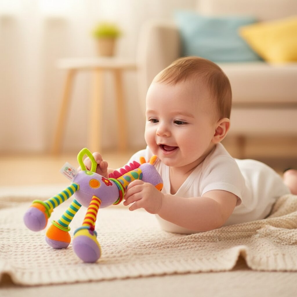 petites mains de bébé qui attrapent le doudou girafe sur une couverture douillette à la maison - Choupinoo