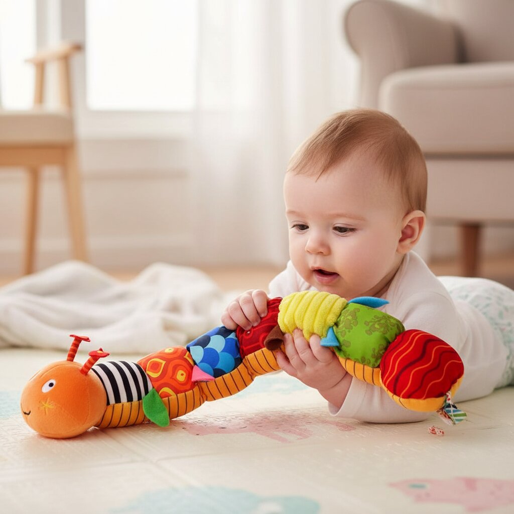  L'exploration sensorielle — bébé qui saisit et presse les segments texturés de la chenille en peluche - Choupinoo