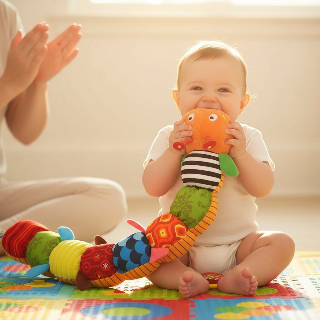 L'éclat de rire — bébé assis qui mord la tête orange de la peluche doudou chenille en riant aux éclats