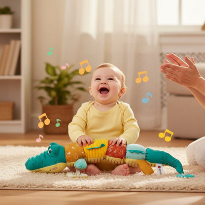 La musique qui fait rire — bébé qui secoue le doudou croco et éclate de rire, notes musicales autour - Choupinoo