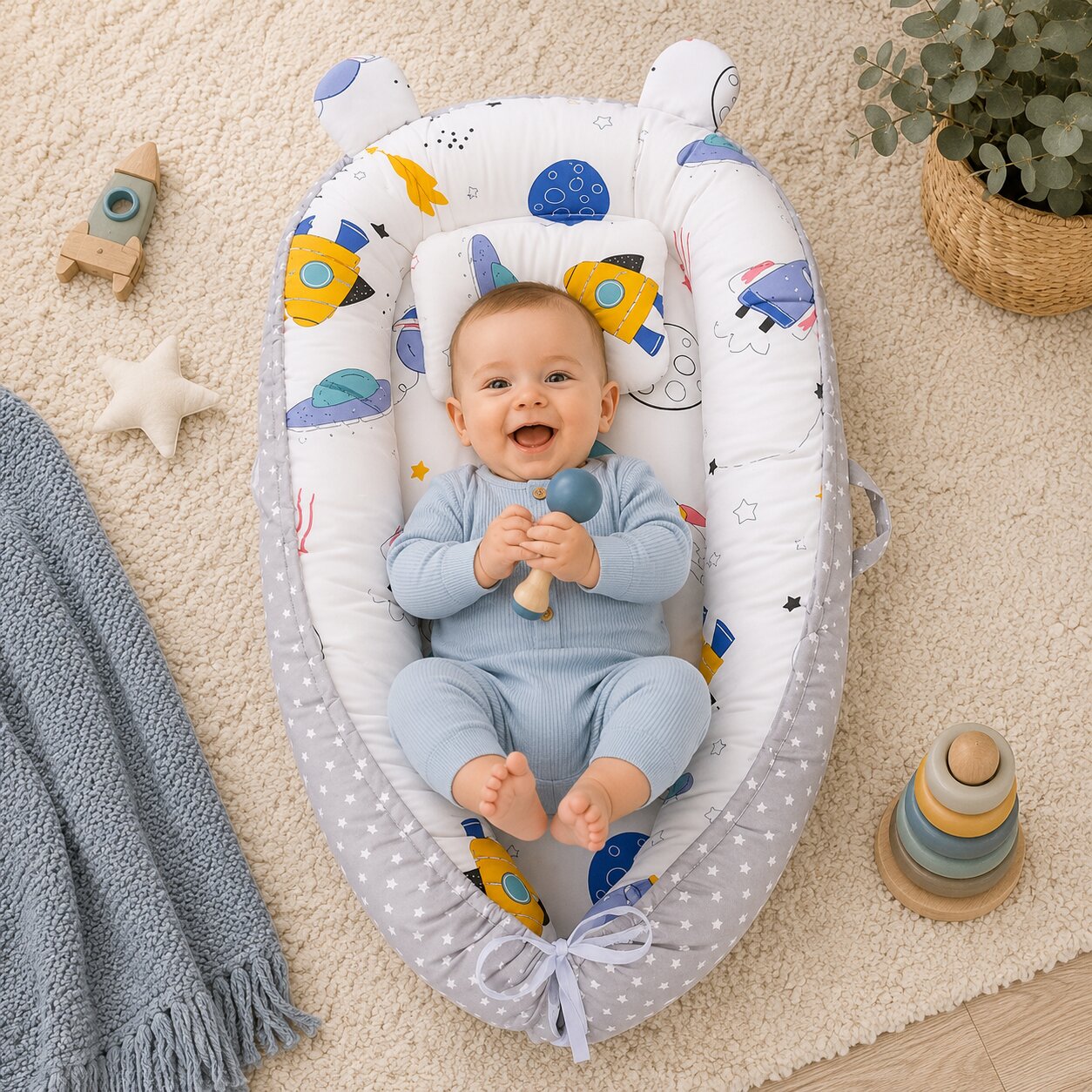 Bebe souriant dans nid d'ange reducteur motif espace fusees oreilles d'ours - Choupinoo