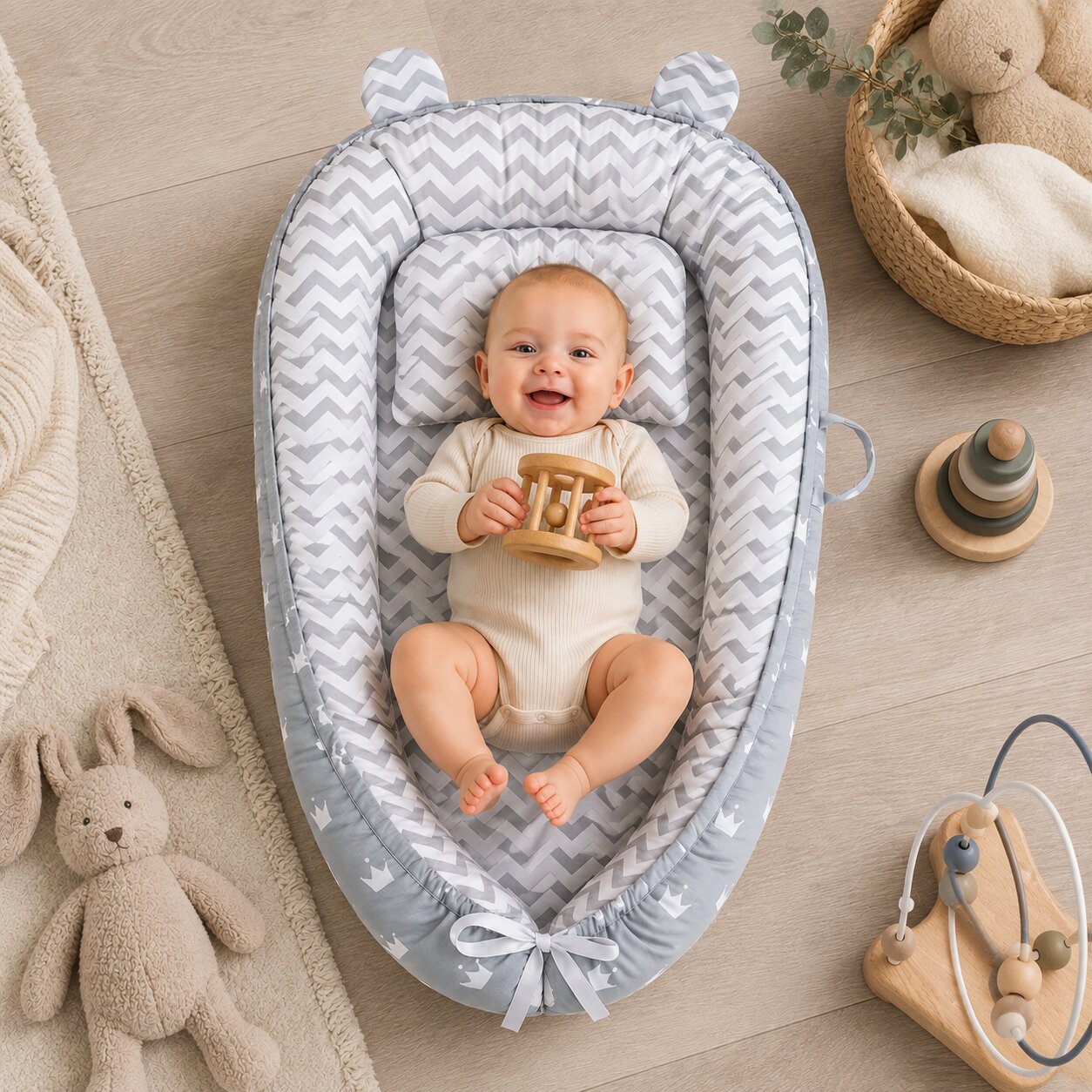 Bebe souriant dans nid d'ange reducteur motif chevrons gris oreilles d'ours - Choupinoo