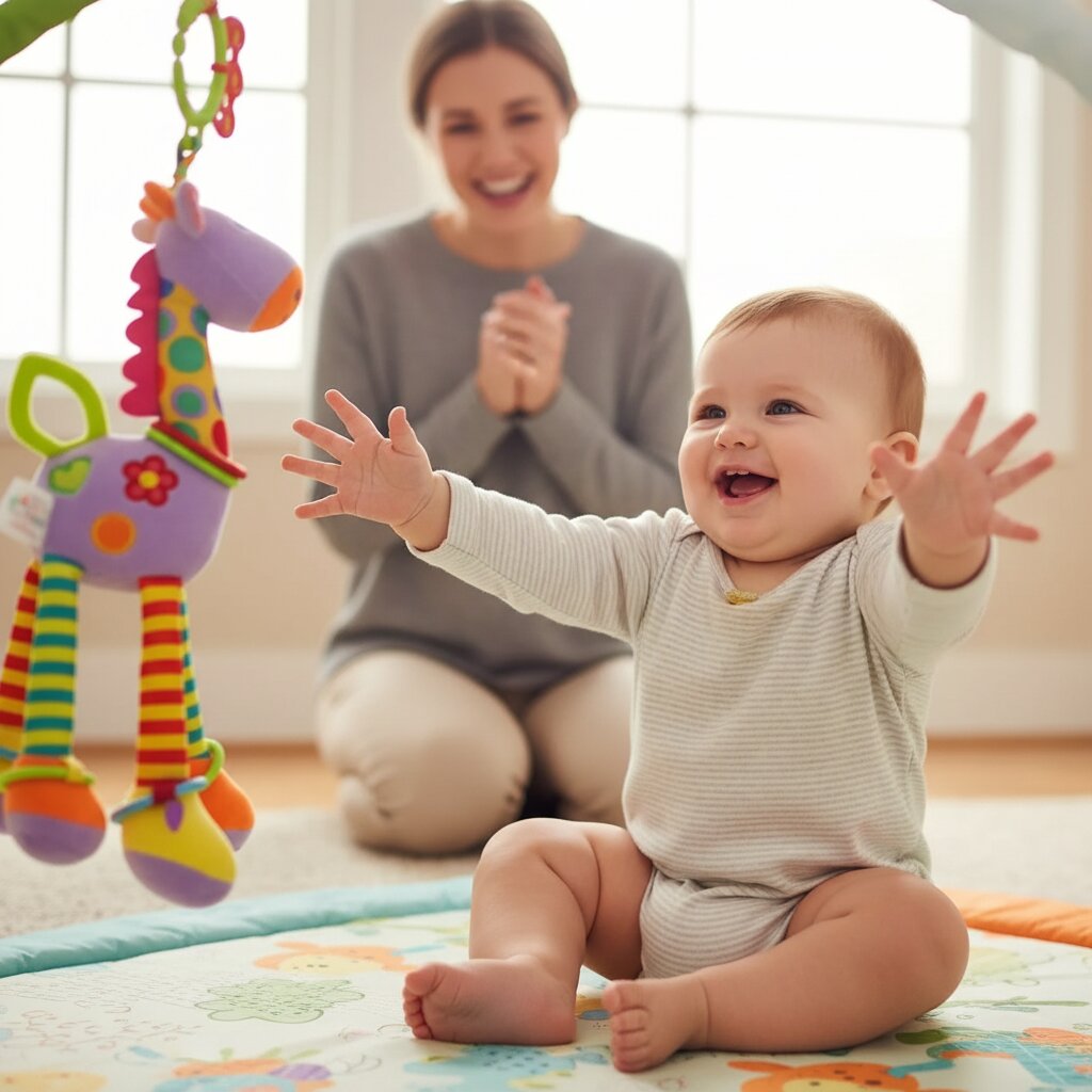 bébé tend les bras doudou girafe objet transitionnel