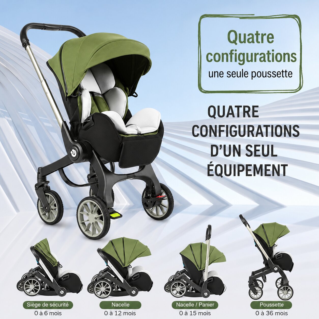 Poussette 4 en 1 verte 4 configurations nacelle siege poussette - Choupinoo