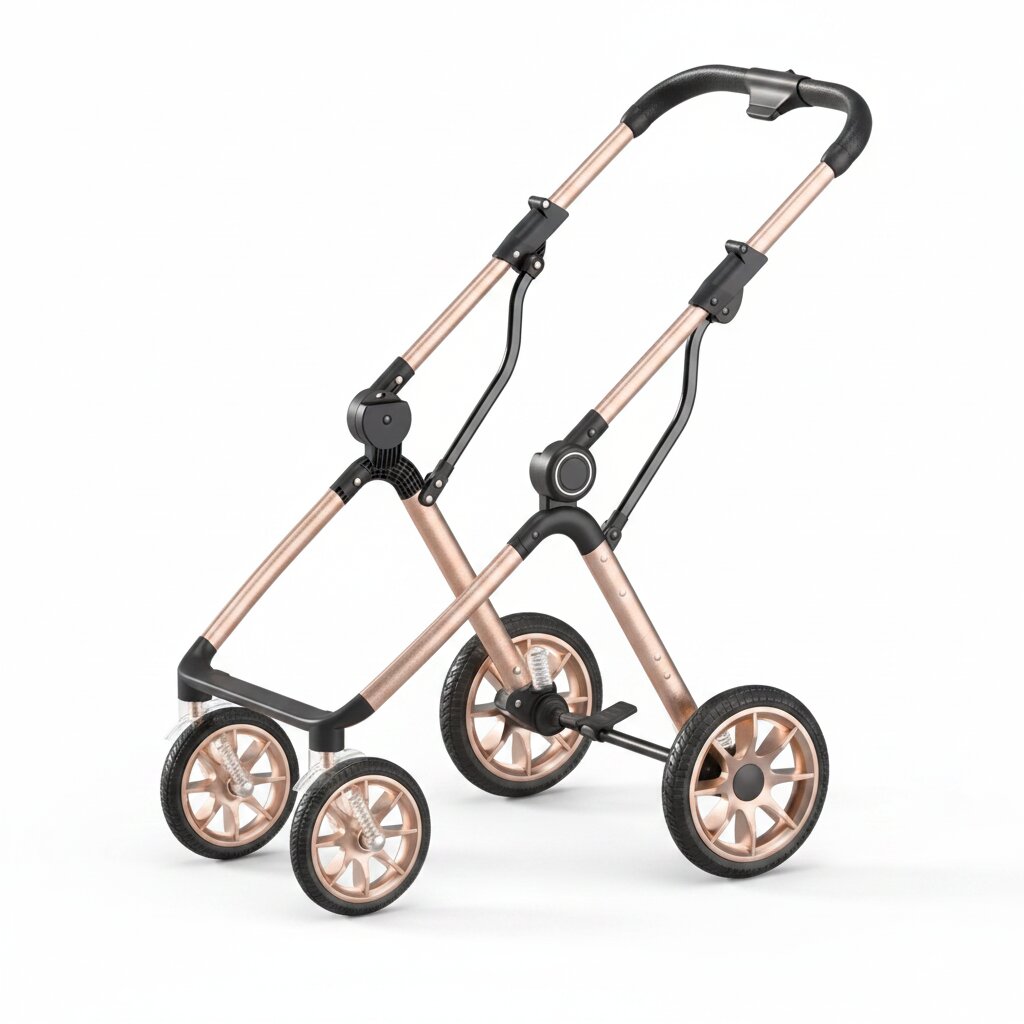 Chassis aluminium dore de poussette bebe, roues pneumatiques grandes jantes, fond blanc studio - Choupinoo