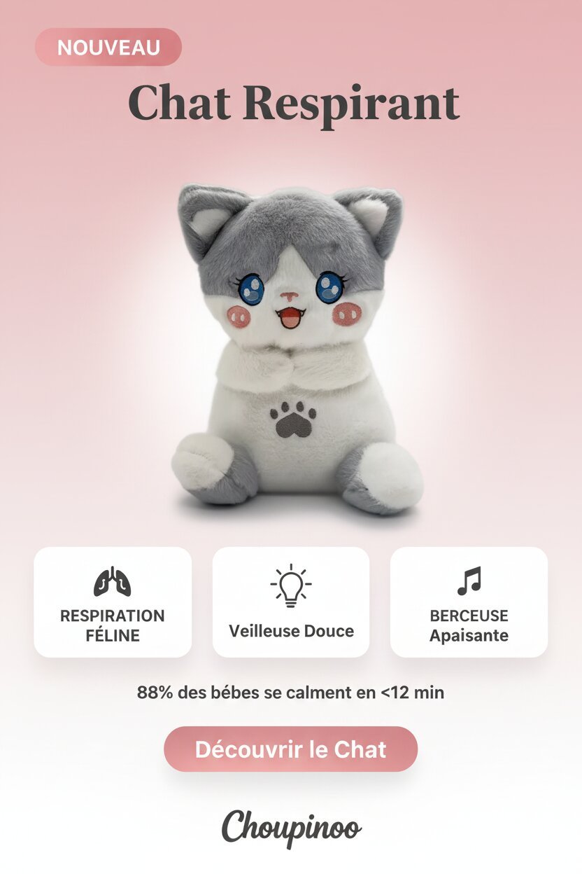 Chat Respirant – Peluche Veilleuse Musicale Anti - Stress Bébé - Choupinoo