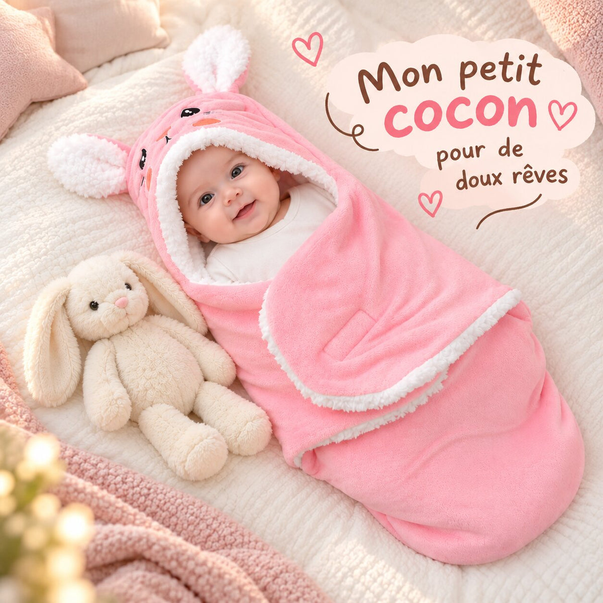 Nid d’ange rose à oreilles de lapin avec bébé allongé dans un univers doux et chaleureux