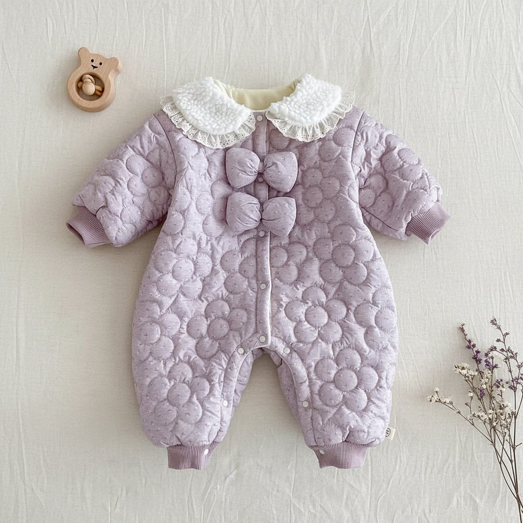 Combinaison bébé fille velours violet matelassé col dentelle double nœud posée sur lit bébé premium vue de dessus – Choupinoo