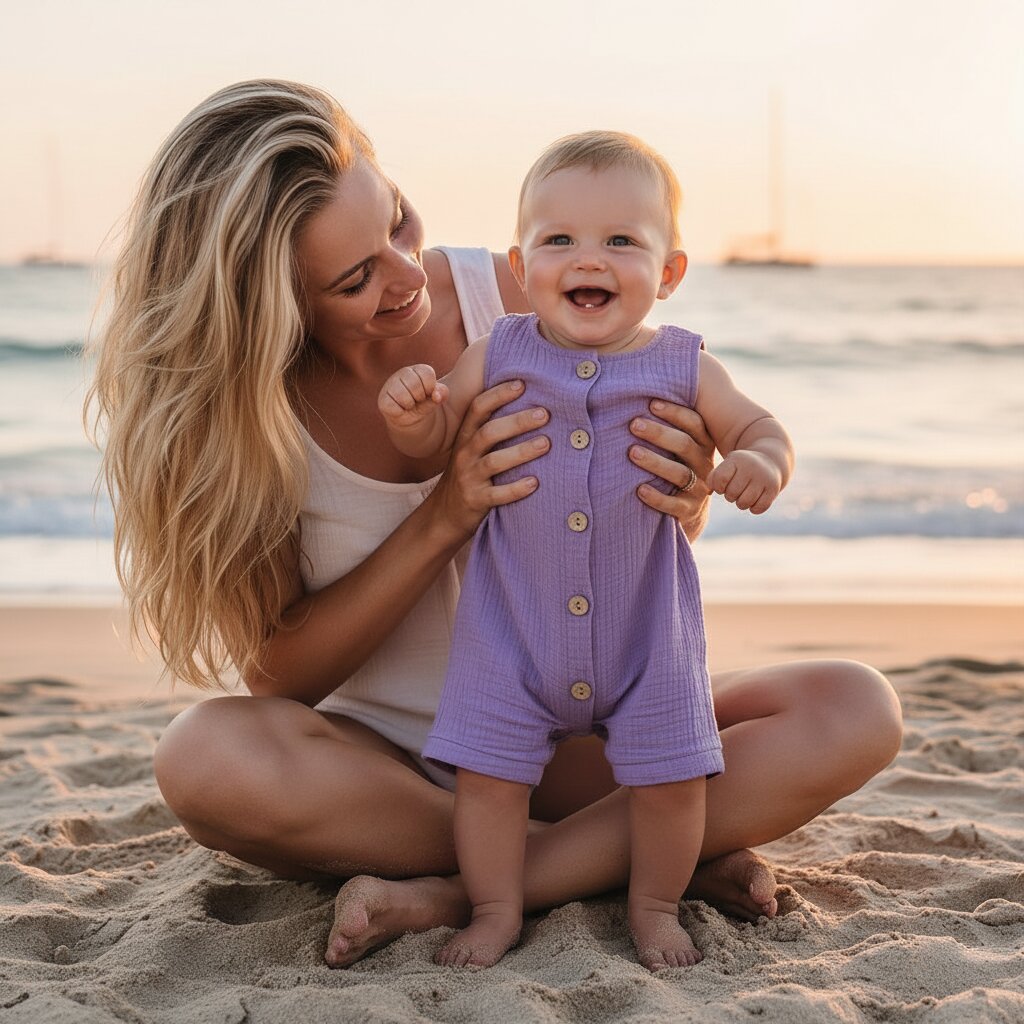Bebe souriant en combinaison ete coton lavande tenu par sa maman sur la plage au coucher du soleil - Choupinoo
