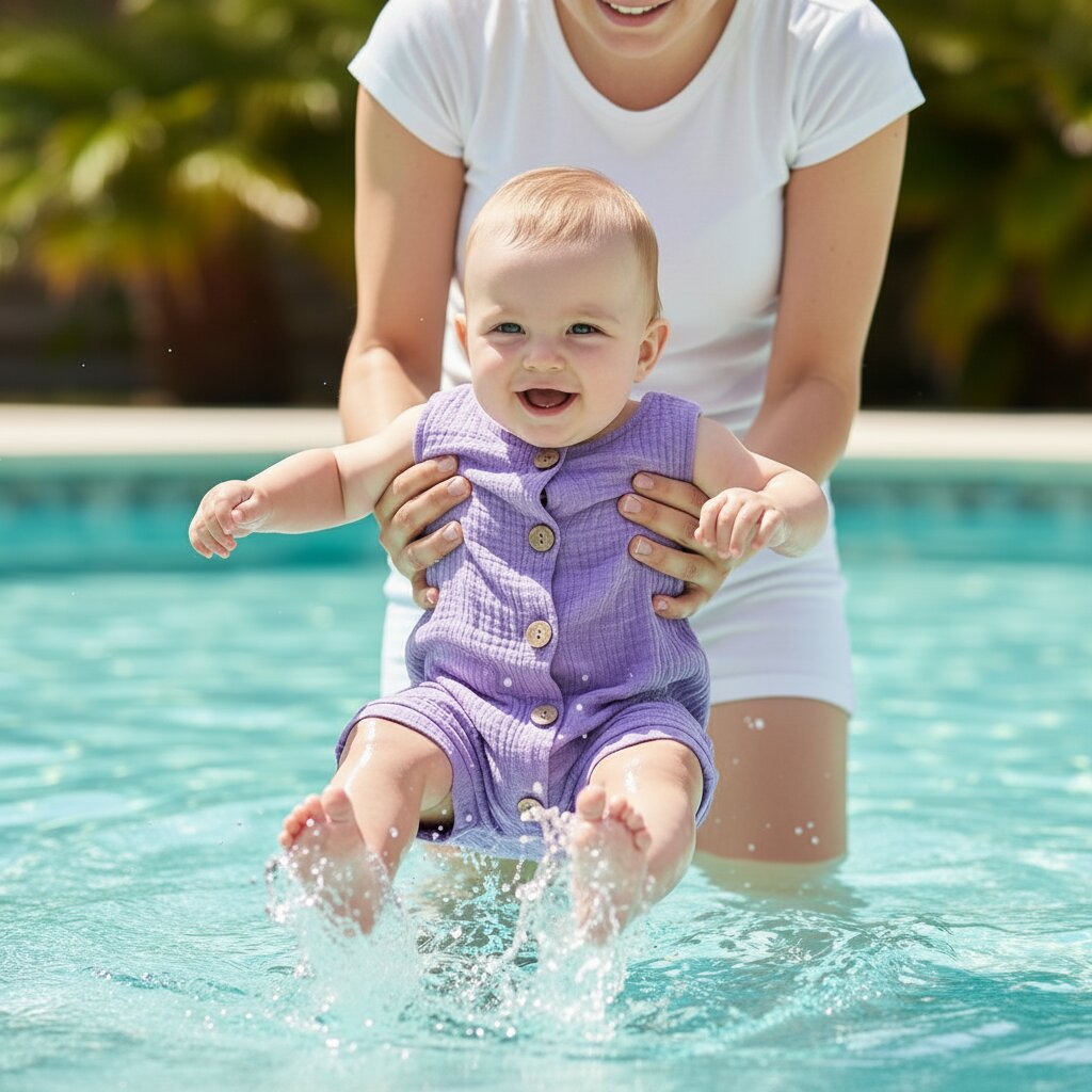 Bebe joyeux en combinaison ete coton lavande les pieds dans la piscine tenu par sa maman - Choupinoo
