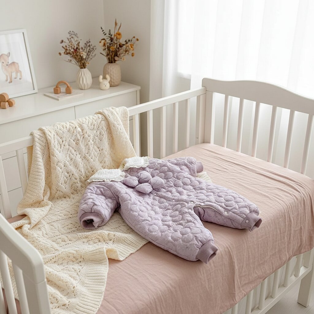 Combinaison bébé fille velours violet matelassé col dentelle double nœud posée sur lit bébé premium vue de dessus – Choupinoo