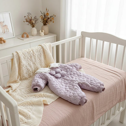 Combinaison bébé fille velours violet matelassé col dentelle double nœud posée sur lit bébé premium vue de dessus – Choupinoo