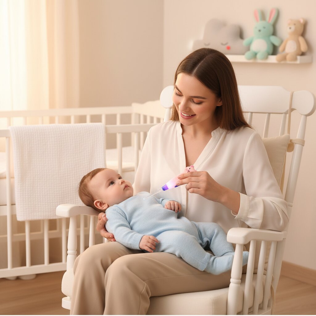 Maman utilisant le cure oreille lampe LED lapin rose Choupinoo sur son bébé dans la chambre bébé