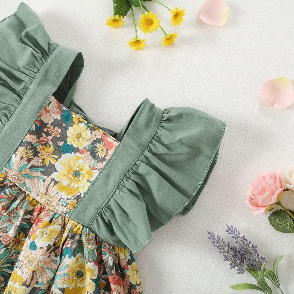 Détail volants verts robe bébé fille flutter sleeves - finition couture qualité