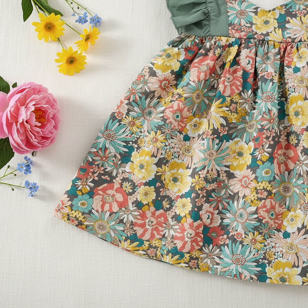 Détail tissu jupe robe bébé fille motif fleuri teal rose jaune - coton imprimé