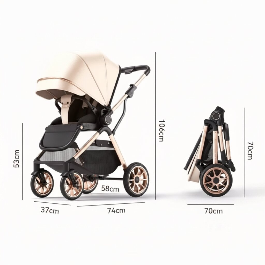 Infographie dimensions poussette bebe deployee et pliee avec cotes en centimetres - Choupinoo