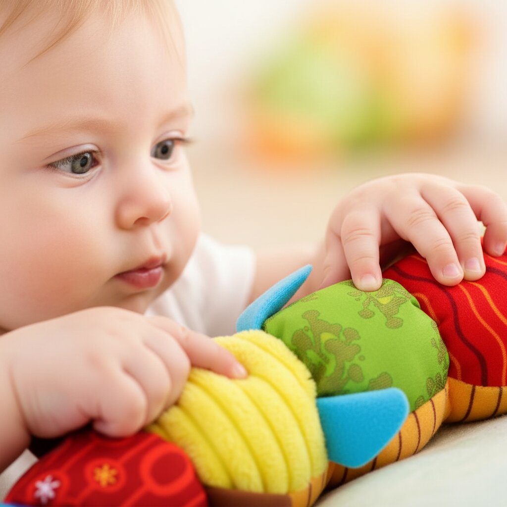 Le gros plan textures — petits doigts qui pincent les différents tissus colorésdu doudou chenille, curiosité intense