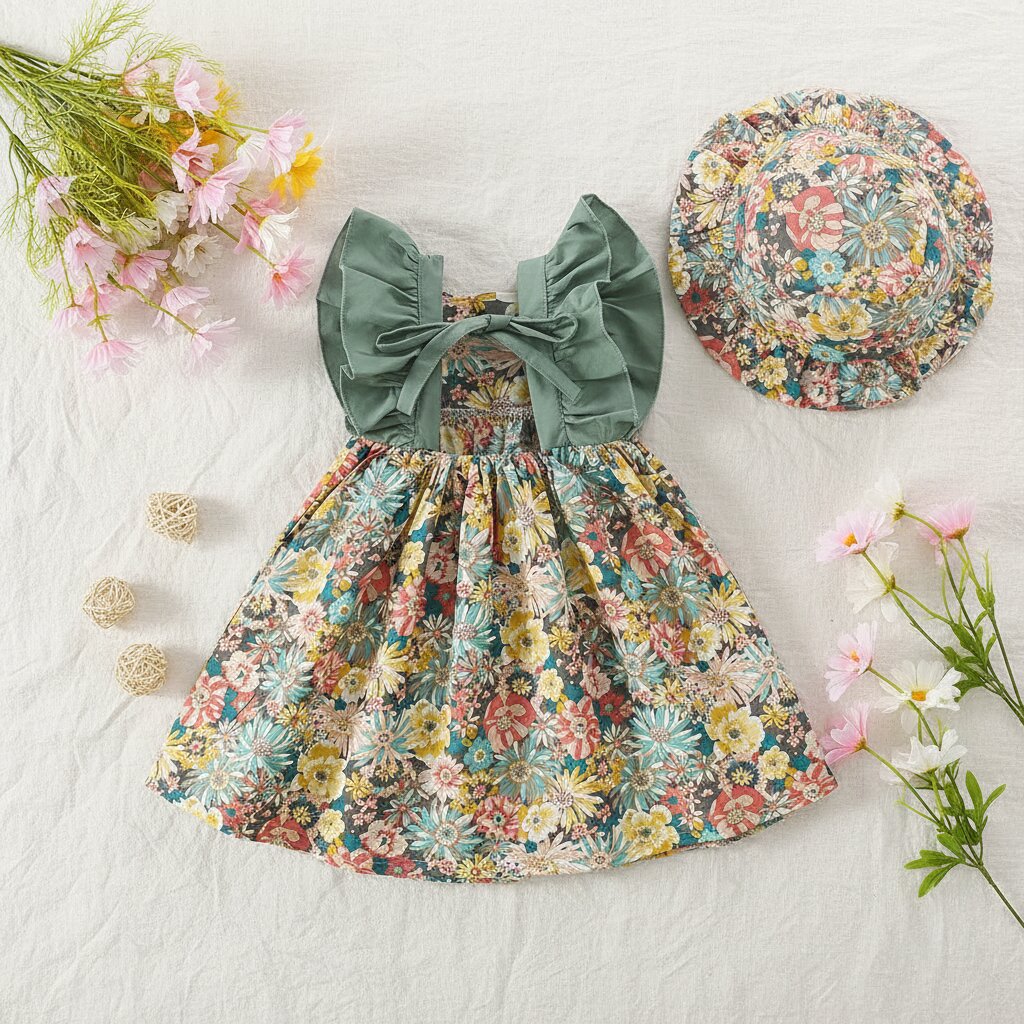 Dos robe petite fille verte fleurie volants flutter sleeves - détail dos et attaches qualité couture