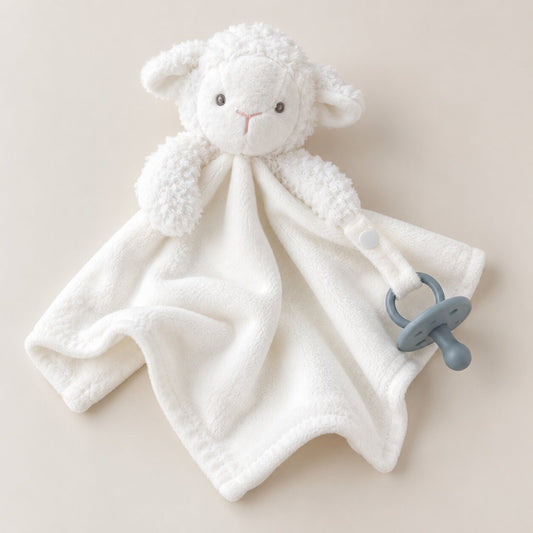 Doudou agneau blanc pour bébé avec tissu plat doux et attache-sucette