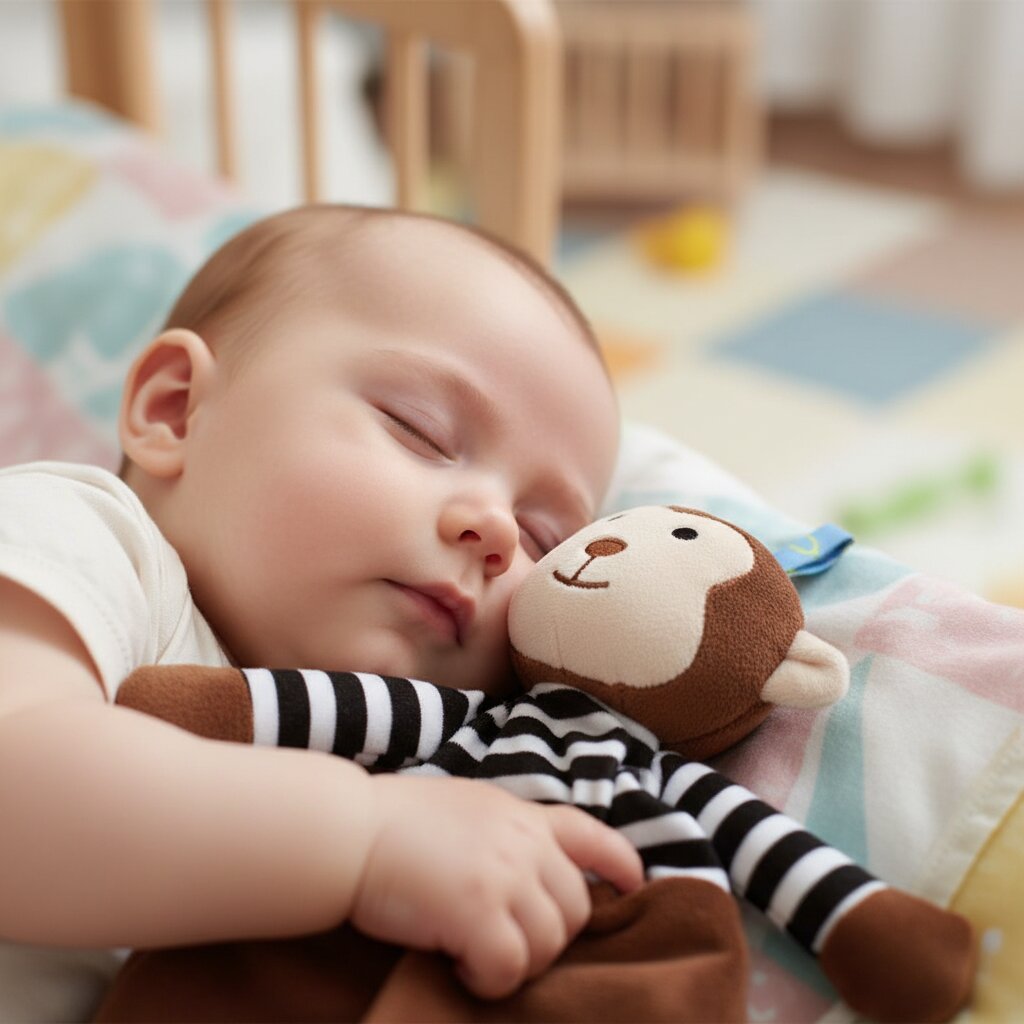 Doudou bébé singe — bébé endormi avec le doudou animal serré contre lui - Choupinoo
