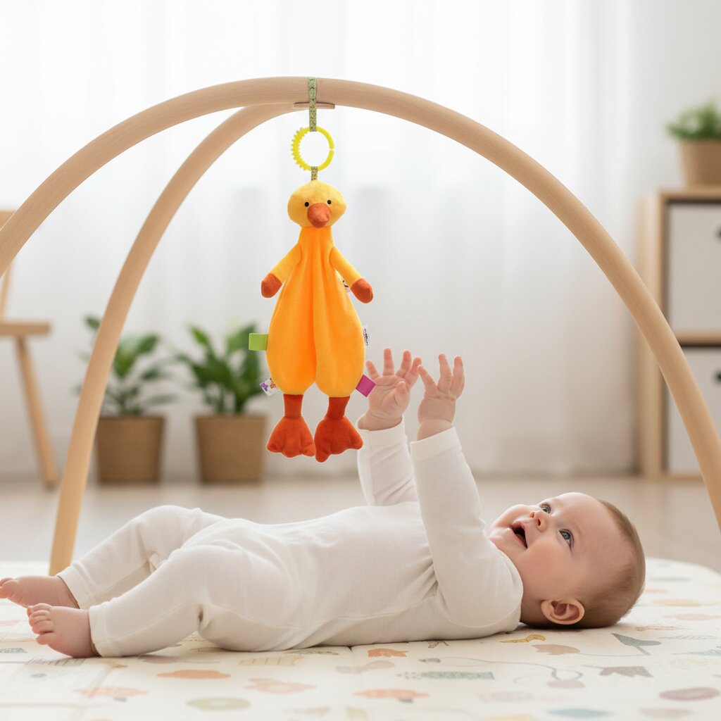 Doudou bébé canard jaune sur arche d'éveil — bébé qui attrape le doudou animal suspendu - Choupinoo