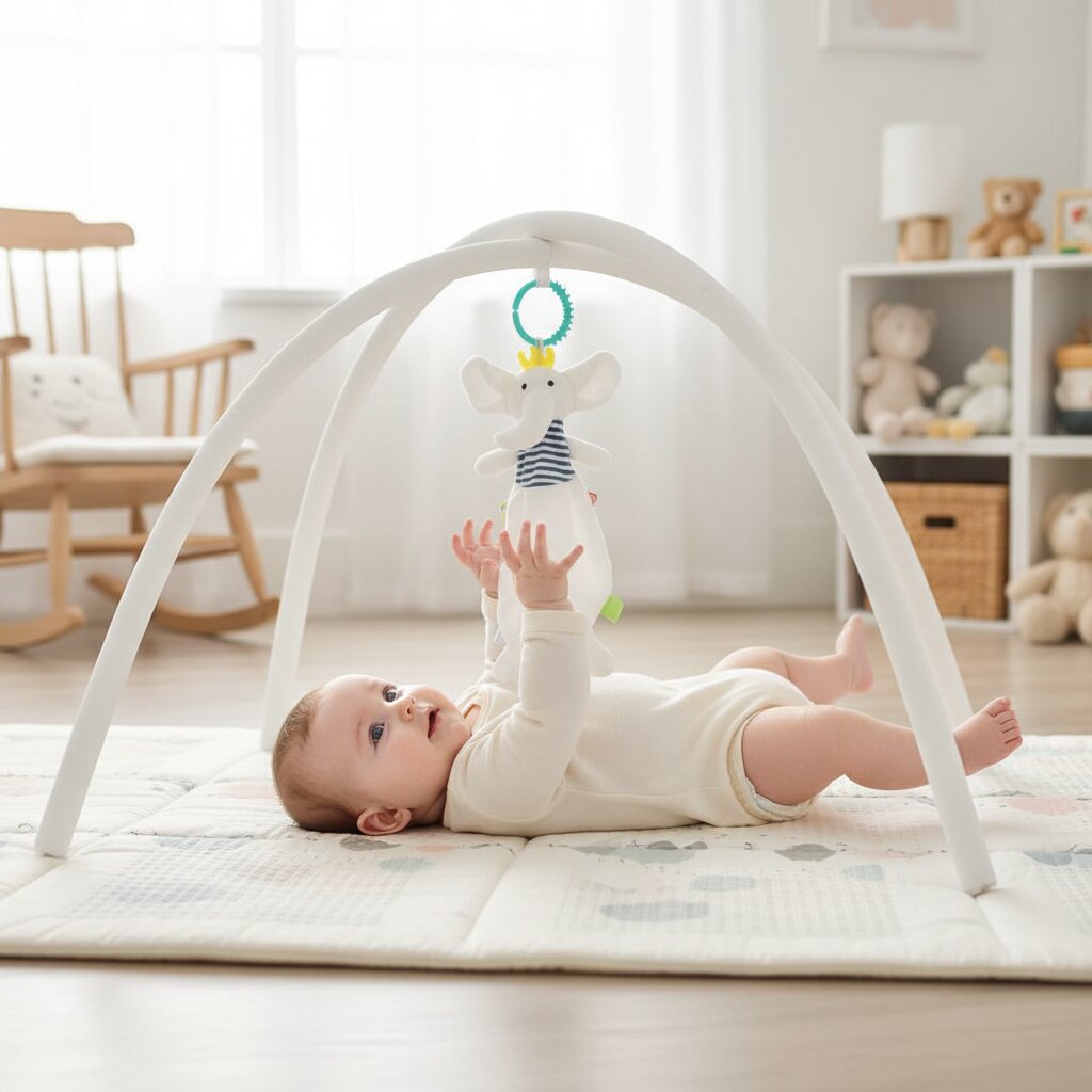 Doudou bébé lapin blanc à saisir — bébé qui attrape les bras sur arche d'éveil - Choupinoo