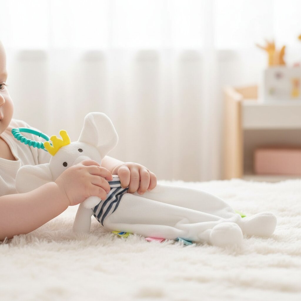 Doudou bébé éléphant à saisir — mains de bébé agrippant les bras du doudou animal - Choupinoo