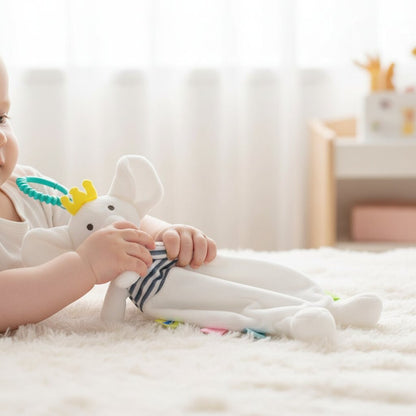 Doudou bébé éléphant à saisir — mains de bébé agrippant les bras du doudou animal - Choupinoo