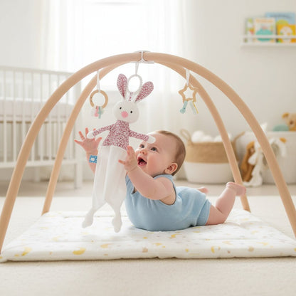 Doudou bébé lapin blanc sur arche d'éveil — bébé qui tend les bras vers son doudou animal - Choupinoo