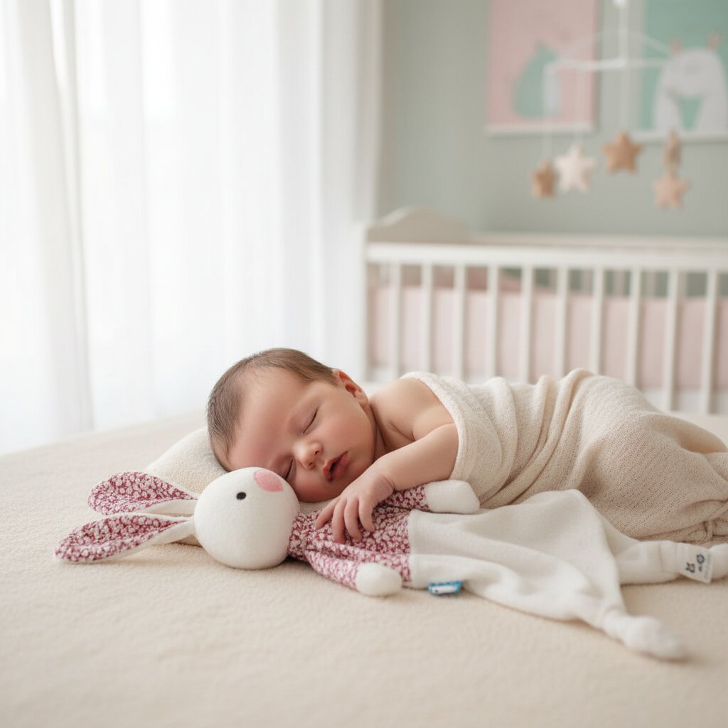 Doudou bébé lapin blanc — nouveau-né endormi avec son doudou animal contre la joue - Choupinoo