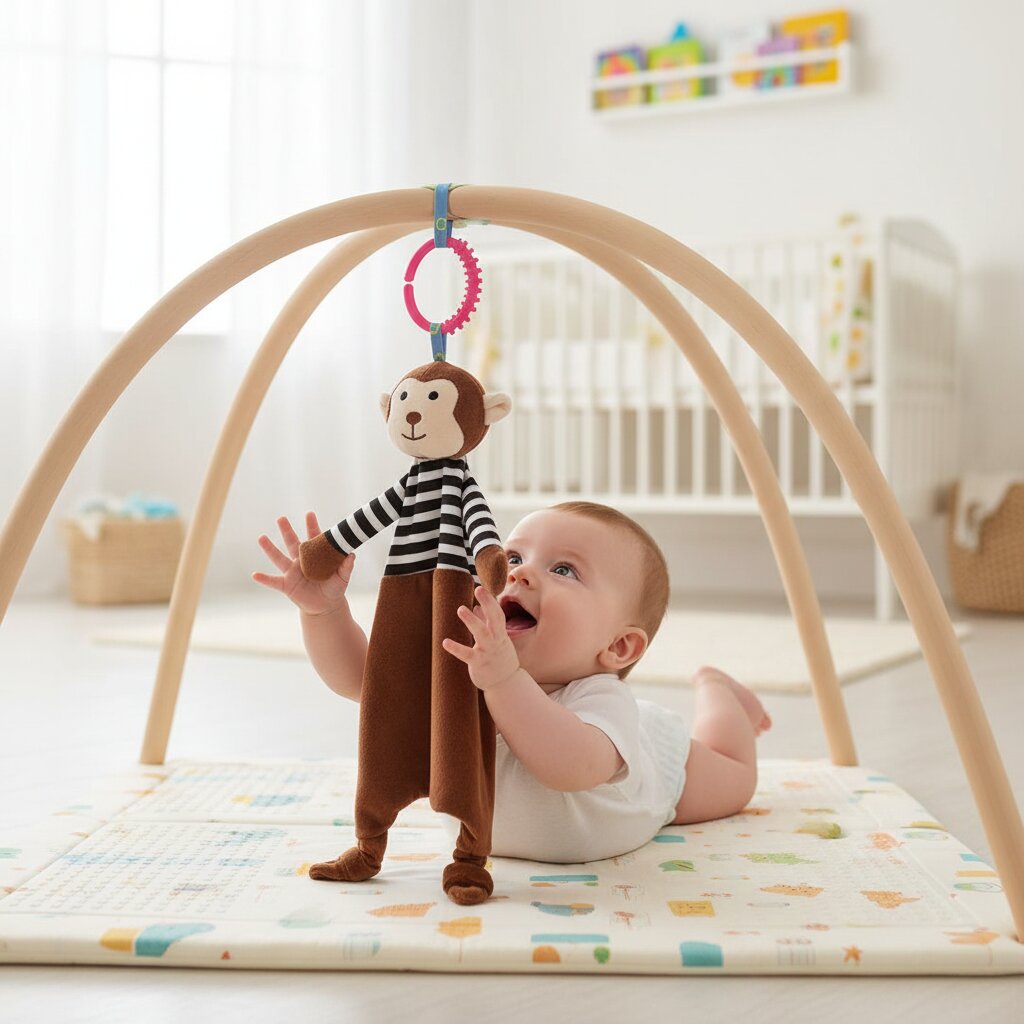 Doudou bébé singe à saisir — bébé sur arche d'éveil tendant les bras vers le doudou animal - Choupinoo