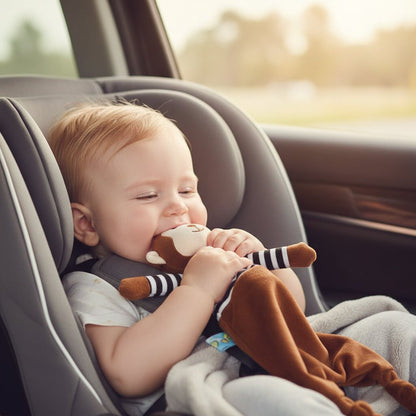 Doudou bébé singe à saisir — bébé en siège auto tenant son doudou animal pour se réconforter - Choupinoo
