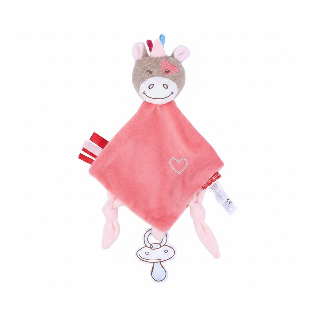 Doudou cheval rose bebe peluche velours attache sucette anneau dentition cadeau naissance