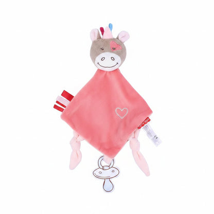 Doudou cheval rose bebe peluche velours attache sucette anneau dentition cadeau naissance