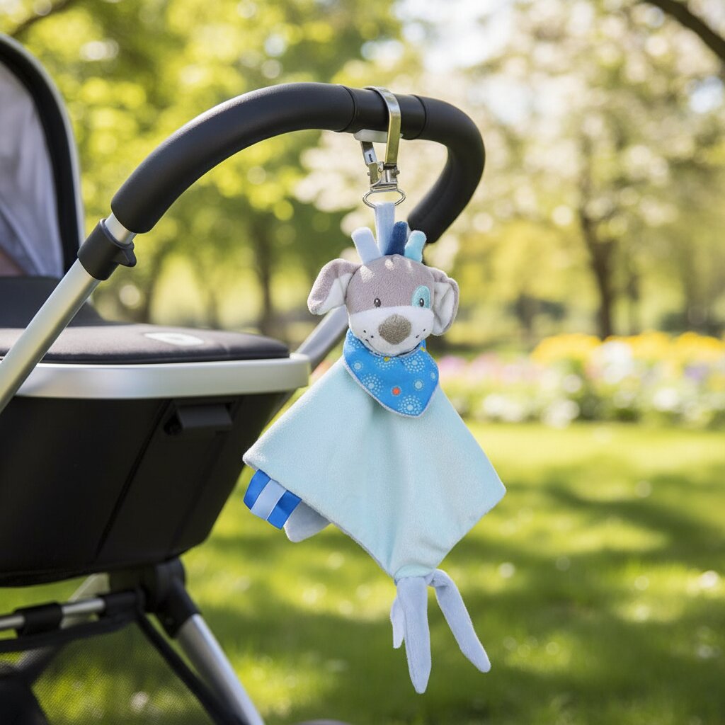Doudou chien bleu accroche poussette sortie parc bebe | Choupinoo