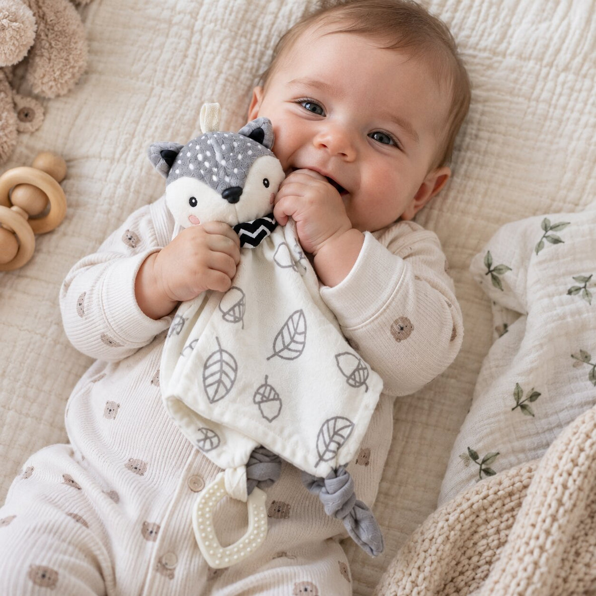 Bébé tenant son Doudou Couverture Bébé renardeau entre ses mains
