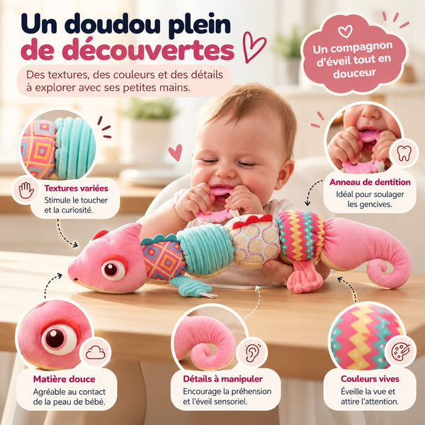 Doudou d’éveil multi-sensations avec textures variées, couleurs vives et anneau de dentition pour bébé