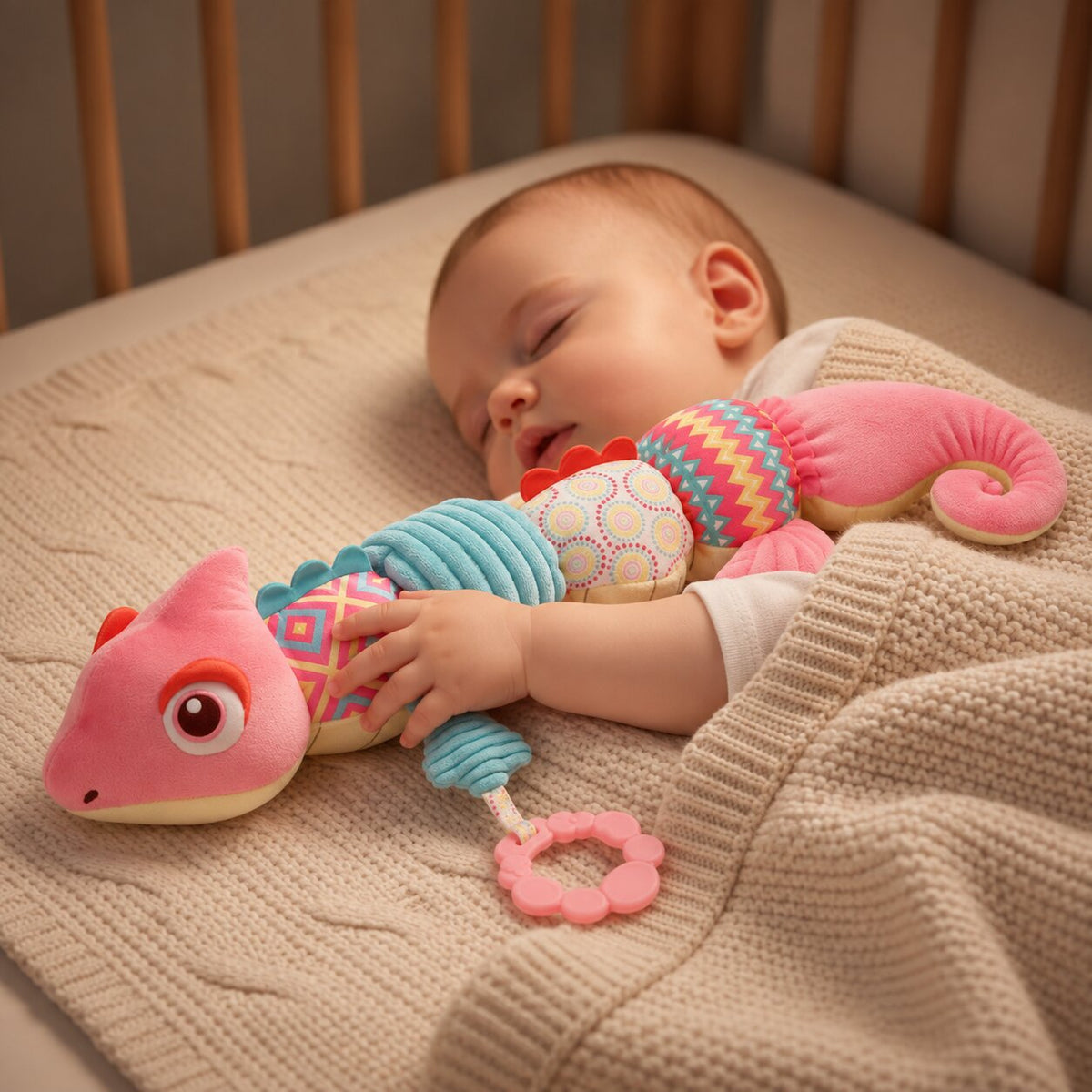bébé qui s'endort avec le caméléon doudou peluche à ses côtés