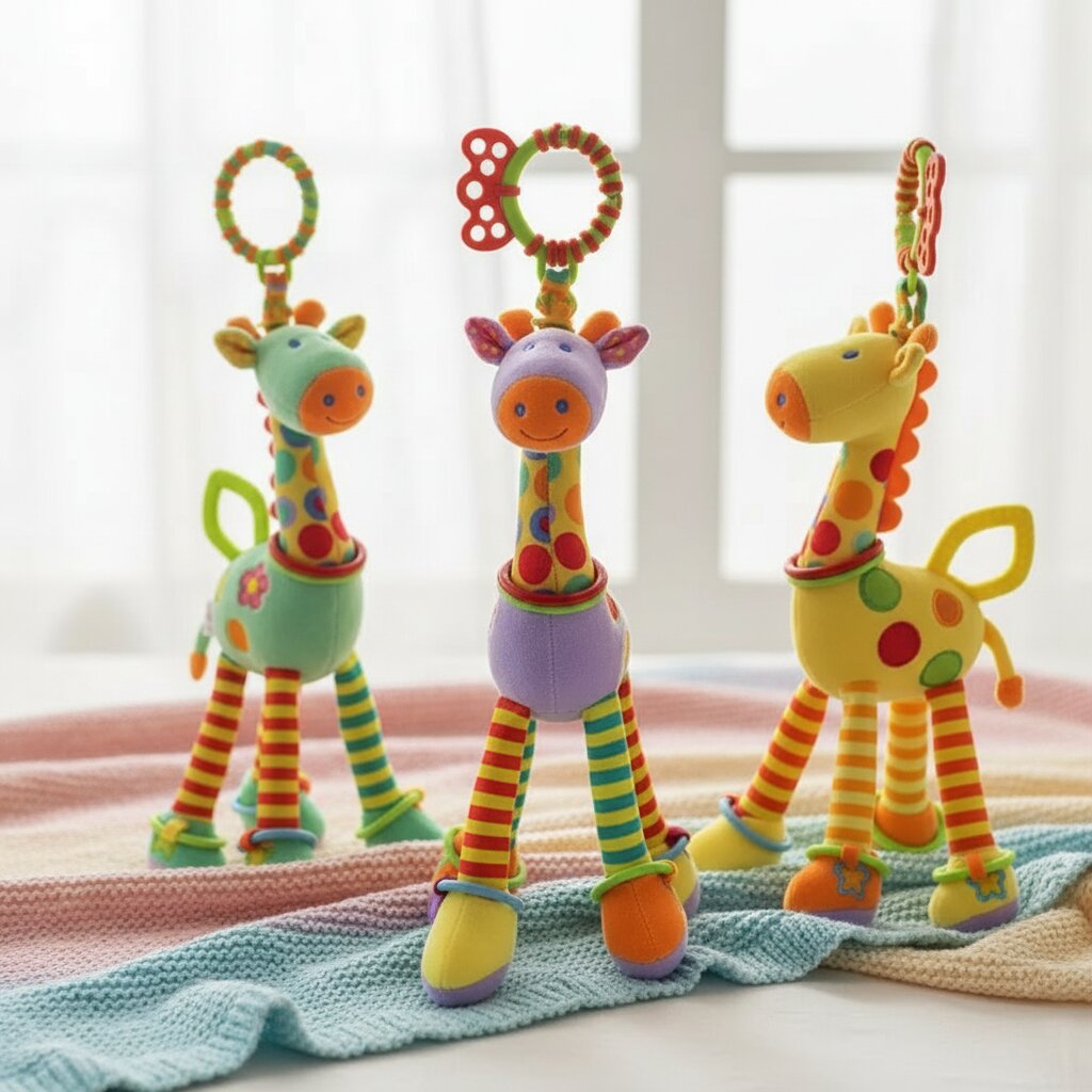 doudou girafe tissu doux 3 coloris violet vert jaune