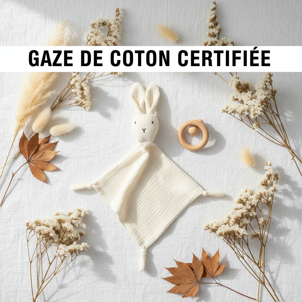 Doudou lapin blanc en gaze de coton certifiee pose en flat lay avec fleurs sechees et anneau de dentition en bois - Choupinoo