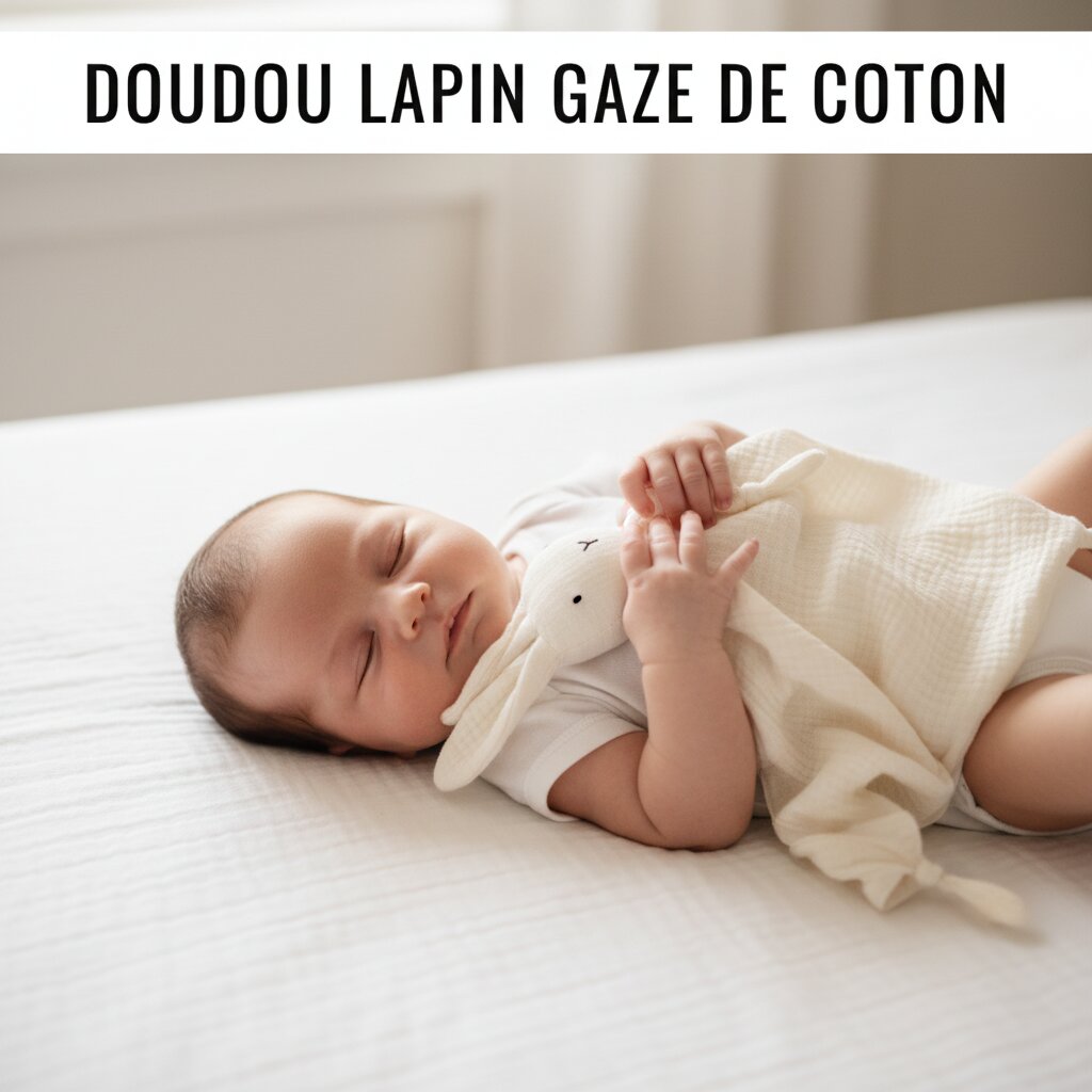 Nouveau-ne endormi a plat sans oreiller tenant serre dans ses mains le doudou lapin en gaze de coton blanc creme - Choupinoo