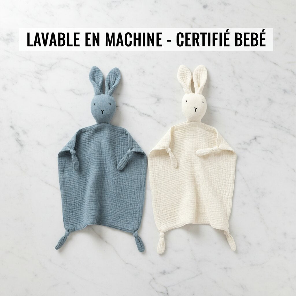 Doudou lapin en gaze de coton bleu et blanc pose en flat lay sur marbre blanc - lavable en machine - certifie bebe - Choupinoo