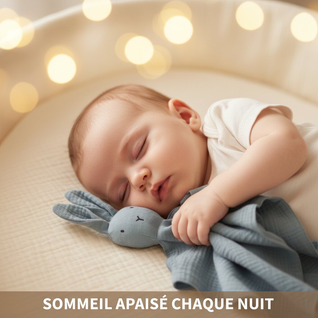 Bebe endormi paisiblement avec son doudou lapin bleu gris en gaze de coton sous le menton - Choupinoo