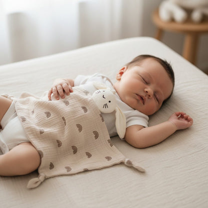 Doudou lapin en gaze de coton motif arc en ciel tenu contre la poitrine d un bebe endormi