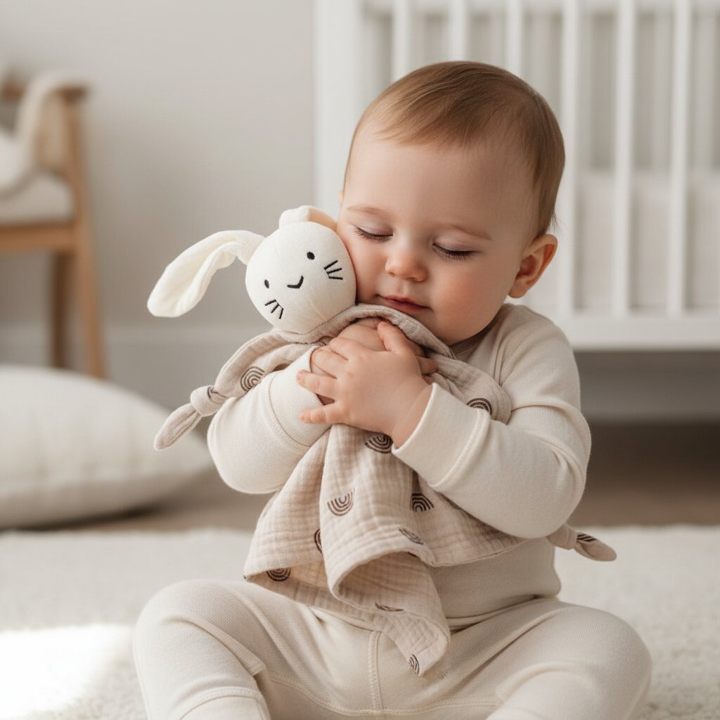 Doudou lapin en gaze de coton motif arc en ciel serre contre le visage d un bebe de 6 mois