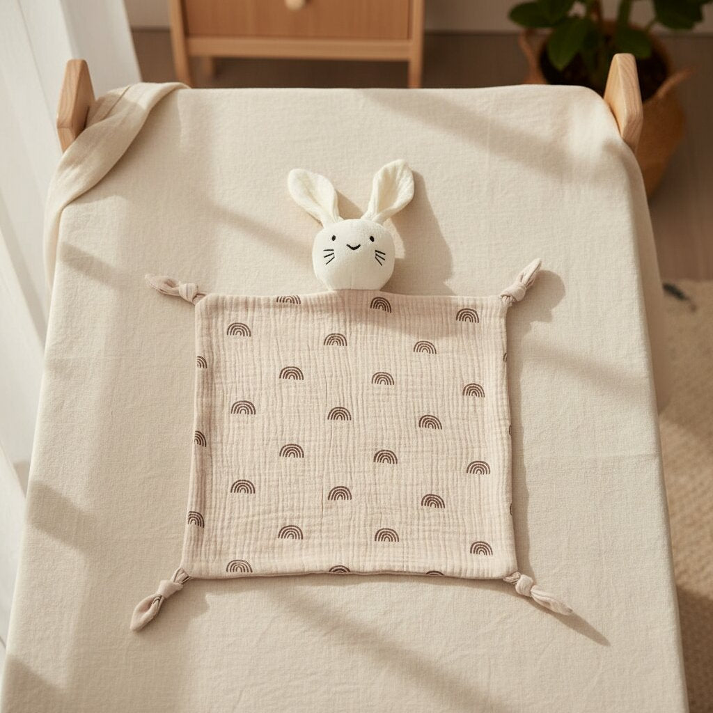 Doudou lapin en gaze de coton motif arc en ciel pose a plat sur drap de berceau creme
