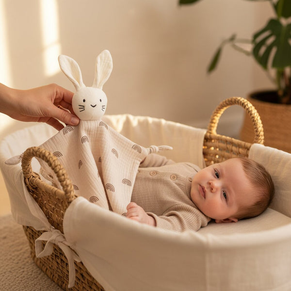 Doudou lapin en gaze de coton motif arc en ciel pose par une maman aupres de son bebe dans un couffin