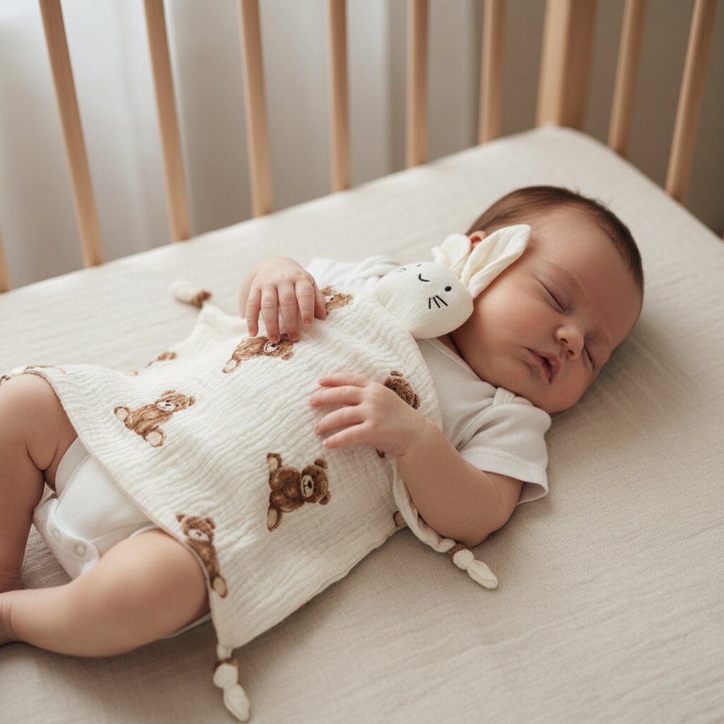 Doudou lapin en gaze de coton motif oursons tenu contre la poitrine d un bebe endormi