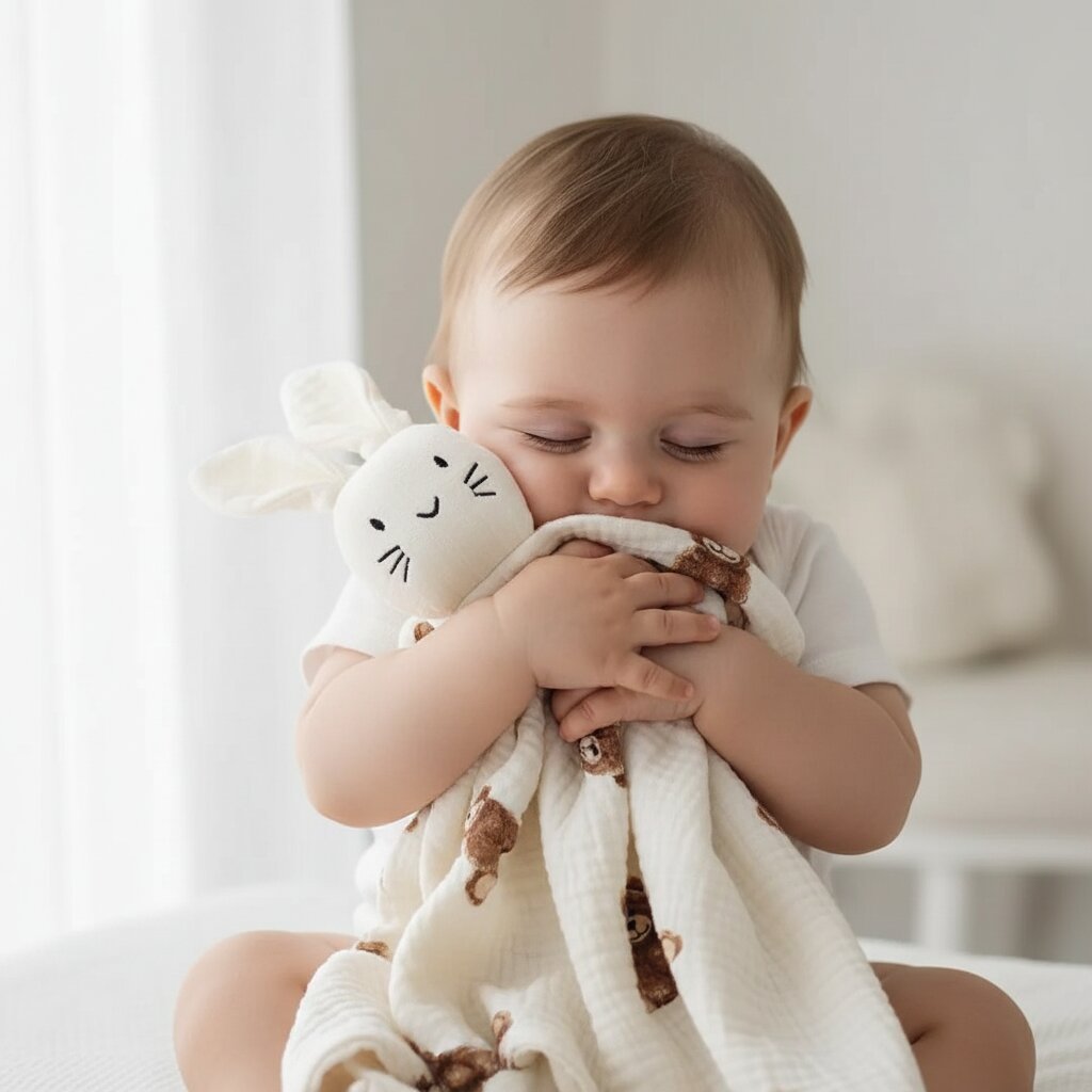 Doudou lapin en gaze de coton motif oursons serre contre le visage d un bebe de 6 mois