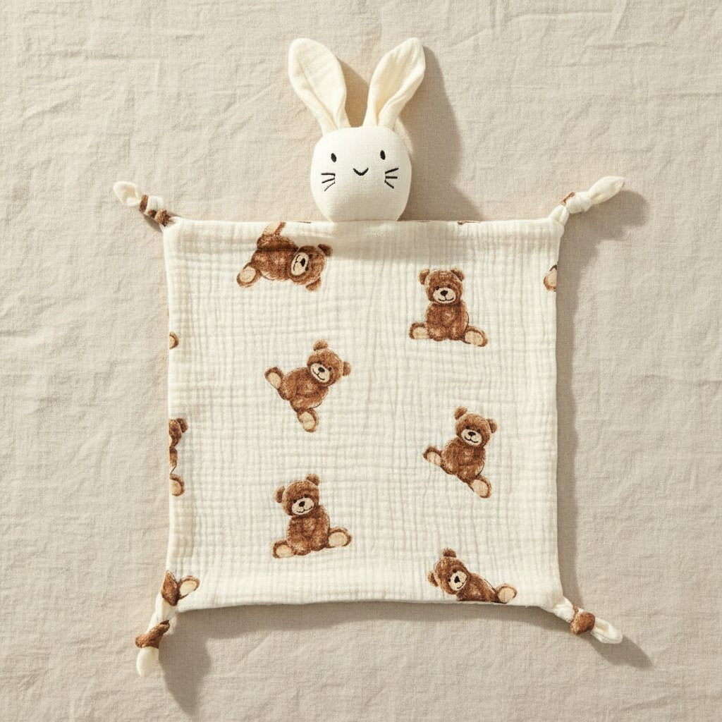 Doudou lapin en gaze de coton motif oursons pose a plat sur drap de berceau creme